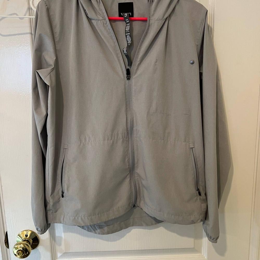 Vuori Gray Hooded Zip Jacket women’s small lightweight stretch the rise the shin